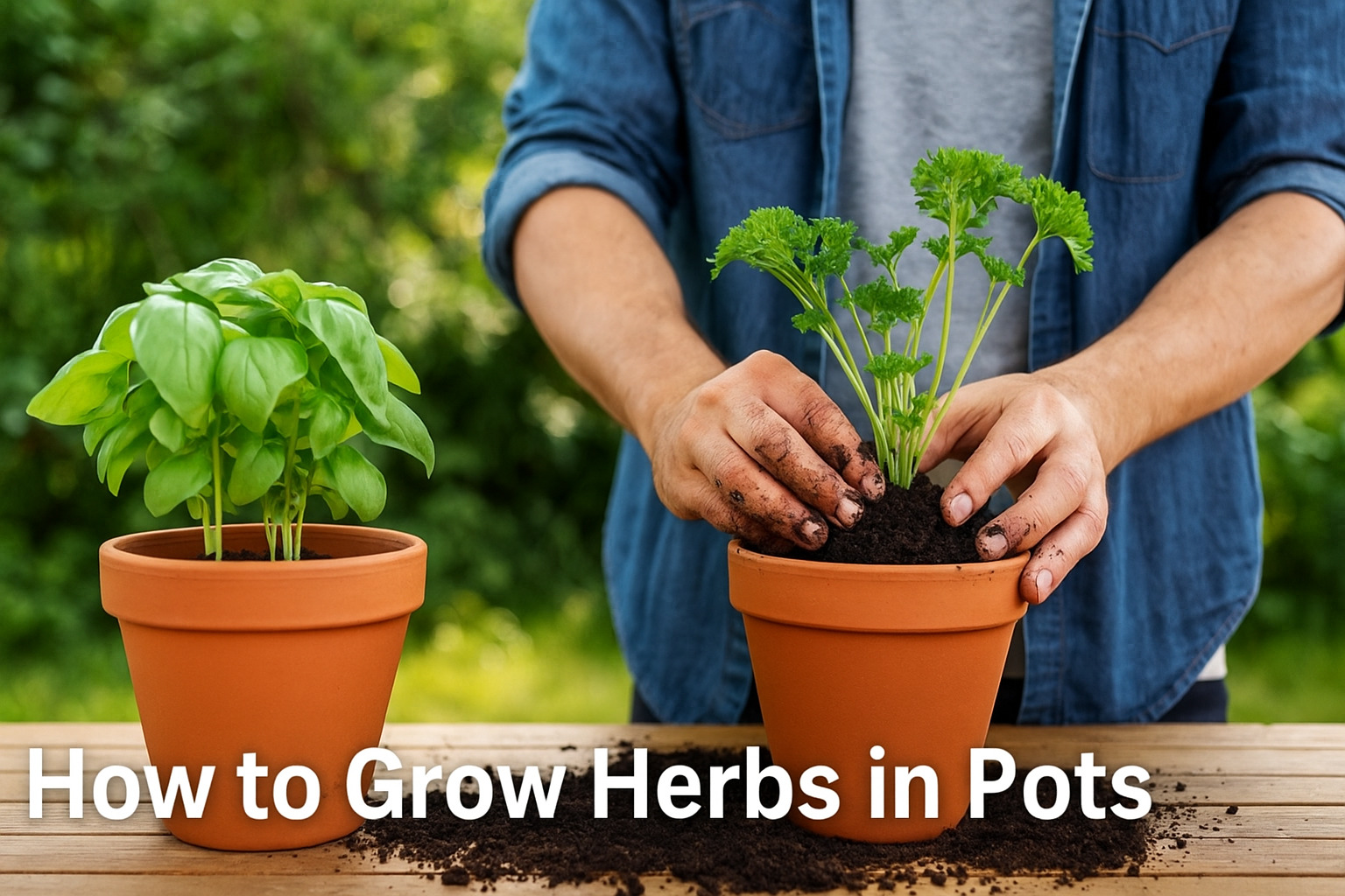 Person planting fresh herbs in a terracotta pot on a wooden table, demonstrating the step-by-step process of how to grow herbs in pots for kitchen gardening
